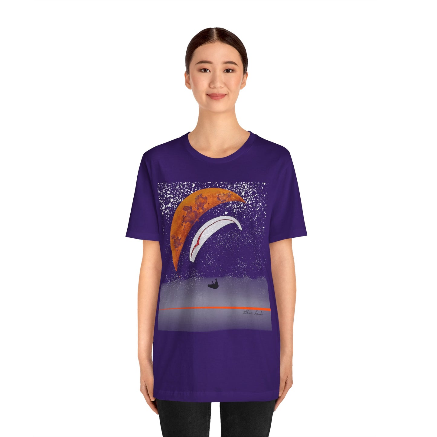 Short Sleeve Tee - Celestial Paragliding Under Crescent Moon and Starry Skies Design