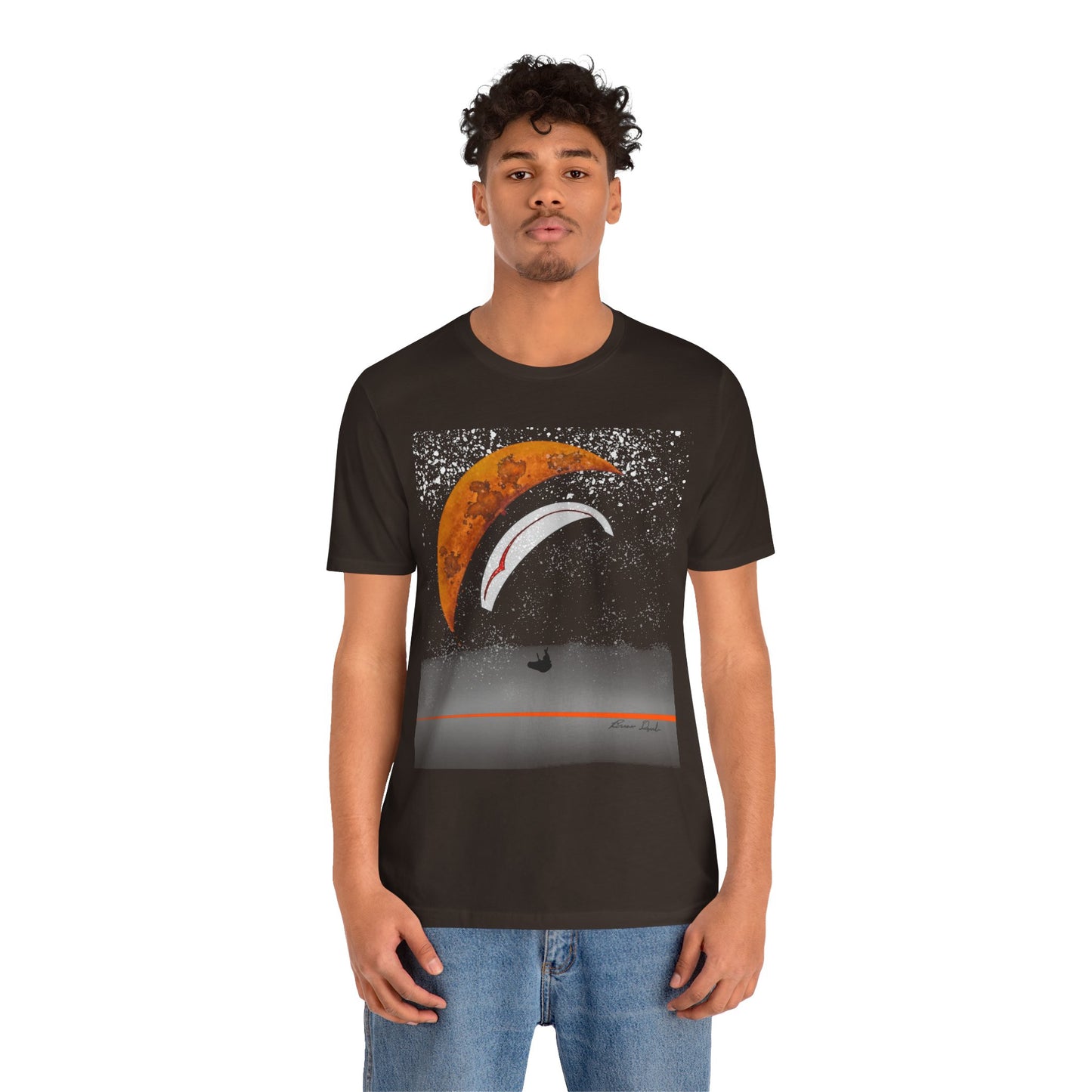 Short Sleeve Tee - Celestial Paragliding Under Crescent Moon and Starry Skies Design