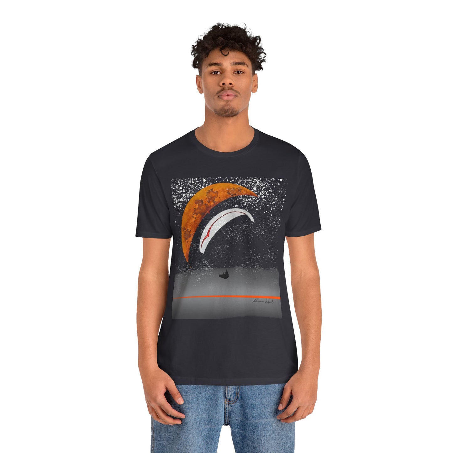 Short Sleeve Tee - Celestial Paragliding Under Crescent Moon and Starry Skies Design