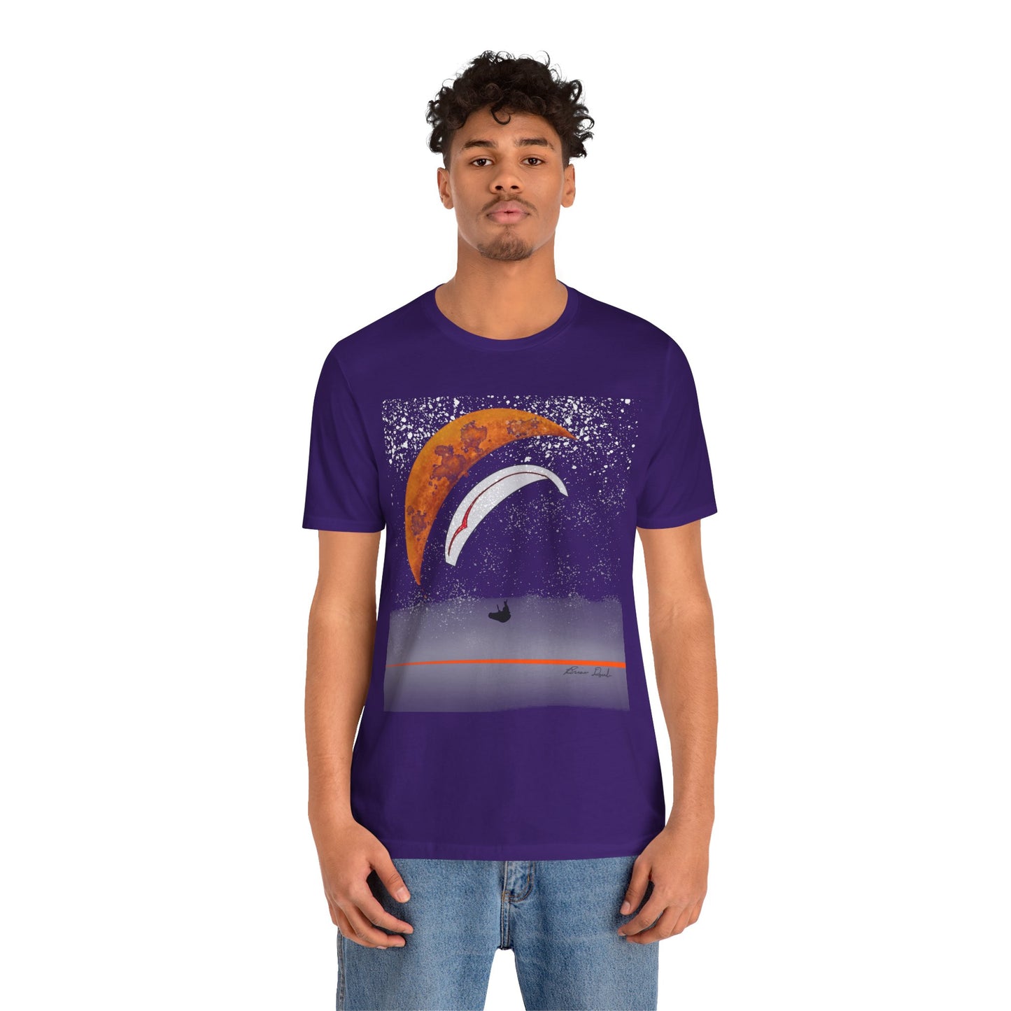 Short Sleeve Tee - Celestial Paragliding Under Crescent Moon and Starry Skies Design