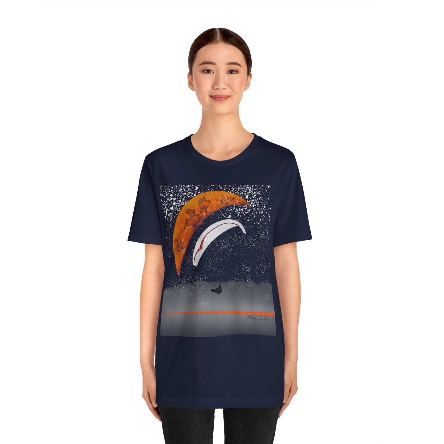 Short Sleeve Tee - Celestial Paragliding Under Crescent Moon and Starry Skies Design