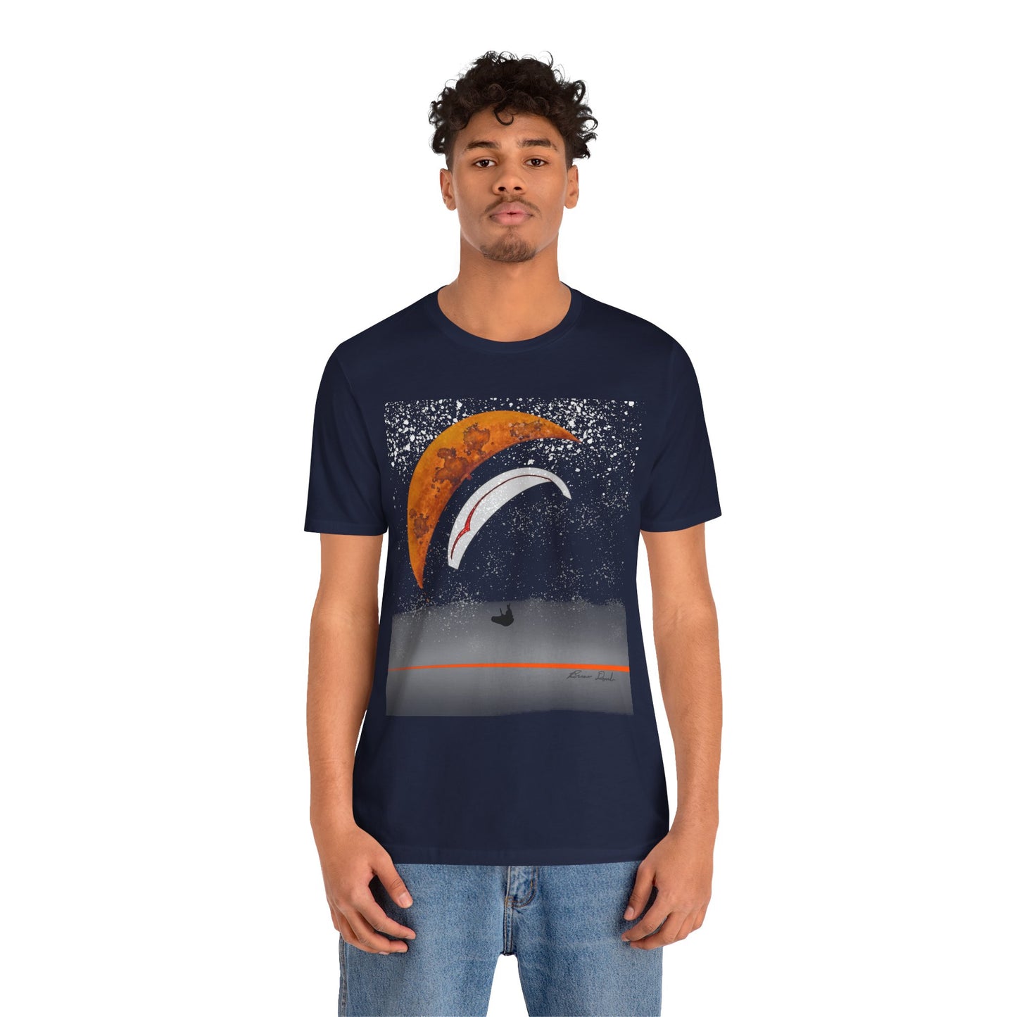 Short Sleeve Tee - Celestial Paragliding Under Crescent Moon and Starry Skies Design