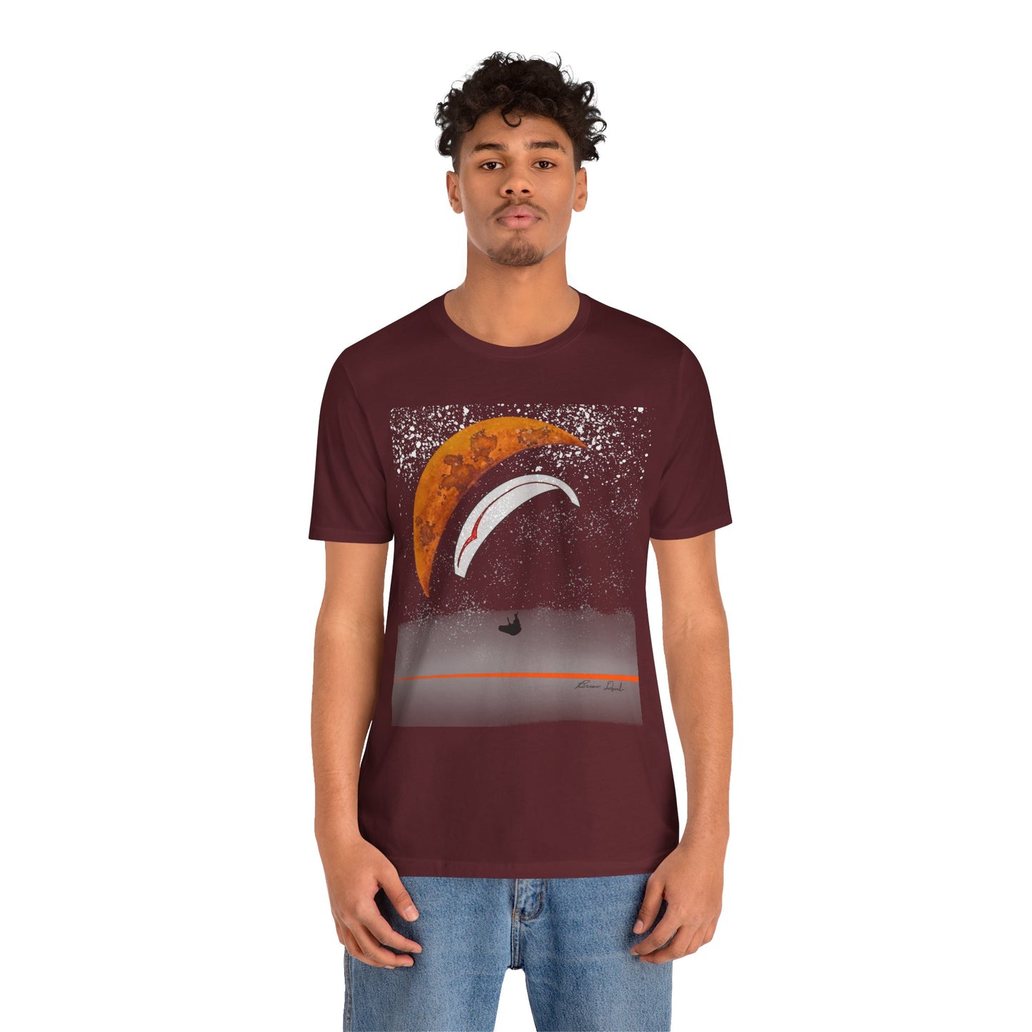 Short Sleeve Tee - Celestial Paragliding Under Crescent Moon and Starry Skies Design