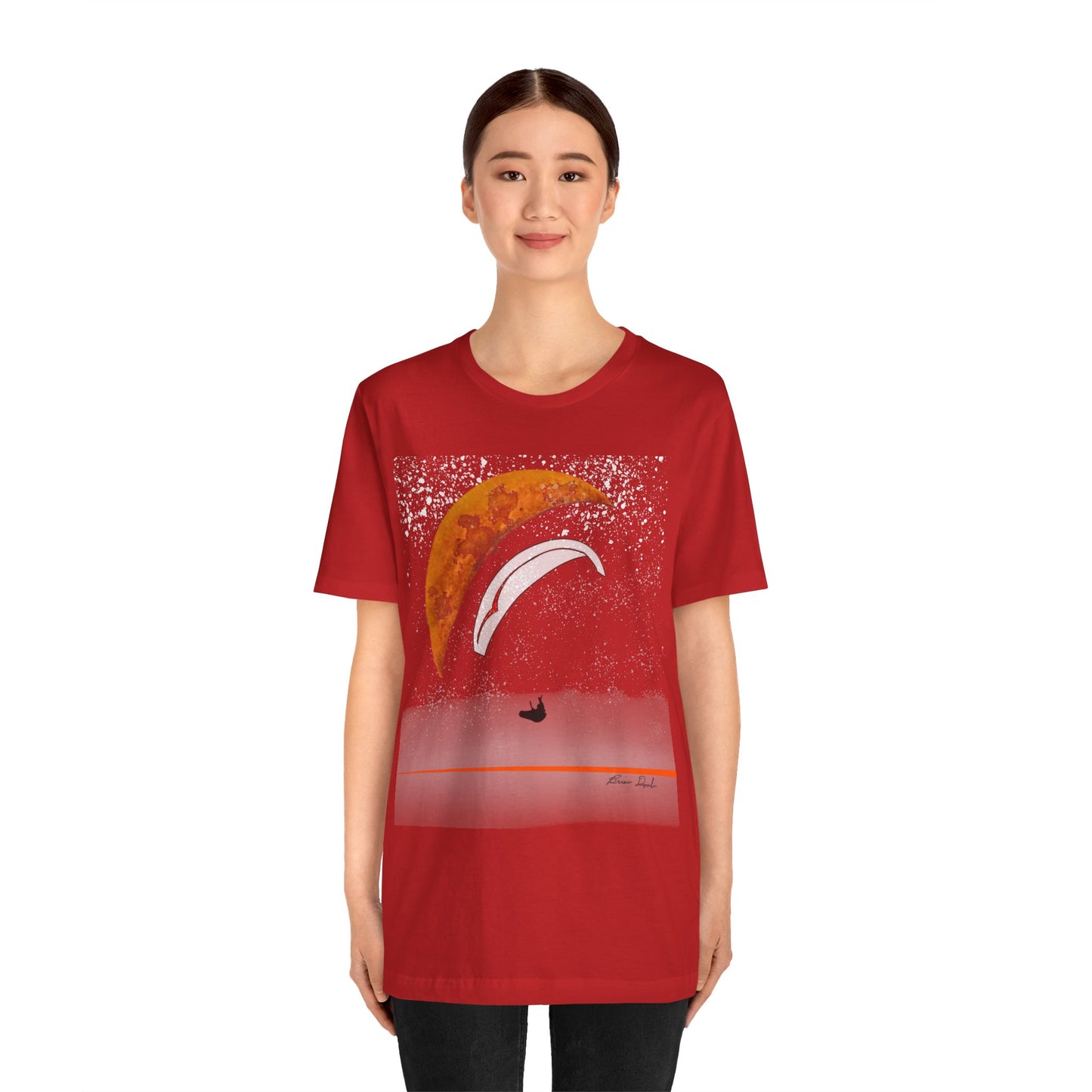 Short Sleeve Tee - Celestial Paragliding Under Crescent Moon and Starry Skies Design