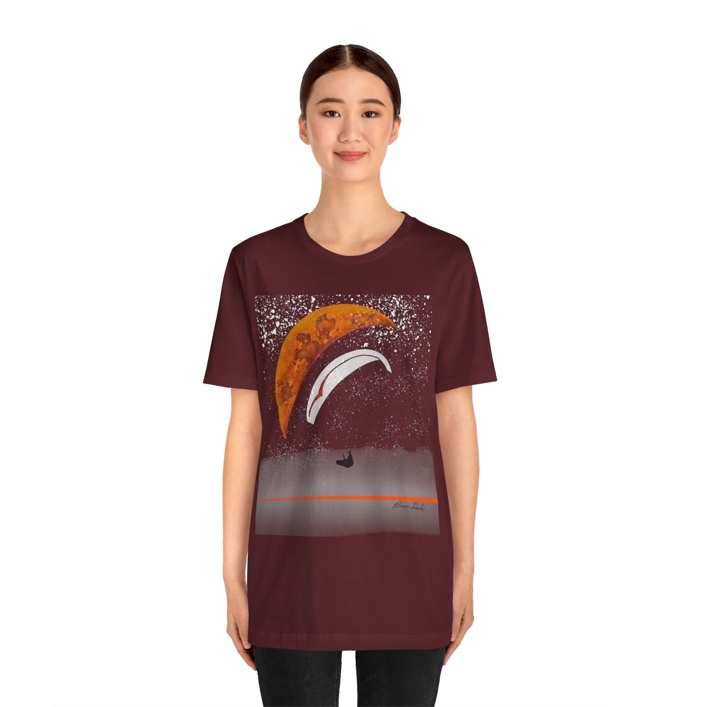 Short Sleeve Tee - Celestial Paragliding Under Crescent Moon and Starry Skies Design