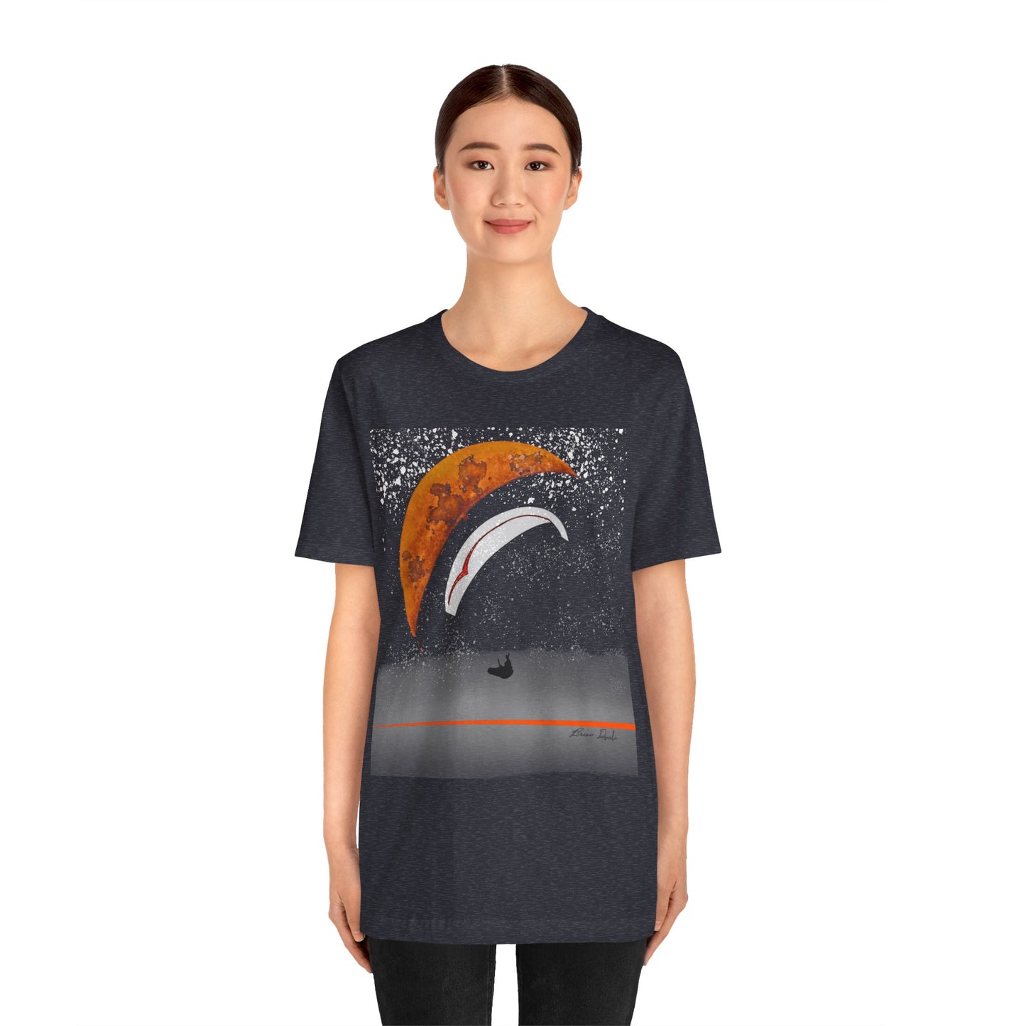 Short Sleeve Tee - Celestial Paragliding Under Crescent Moon and Starry Skies Design