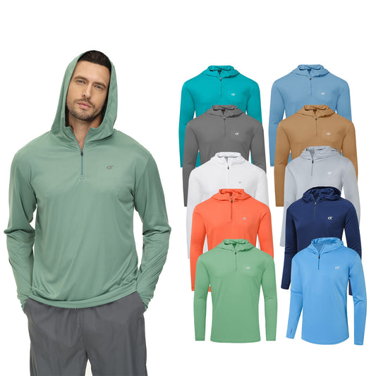 2023 Mens UPF 50+ Rash Guard Swim Shirt Athletic Hooded Long Sleeve Fishing Hiking Workout Quick Dry Shirts with Zipper Pullover