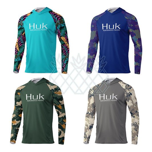 HUK Fishing Hoodies Mens Long Sleeve Outdoor UPF 50 Sun UV Protection Performance Shirt Outdoor Summer Fishing Hooded Apparel